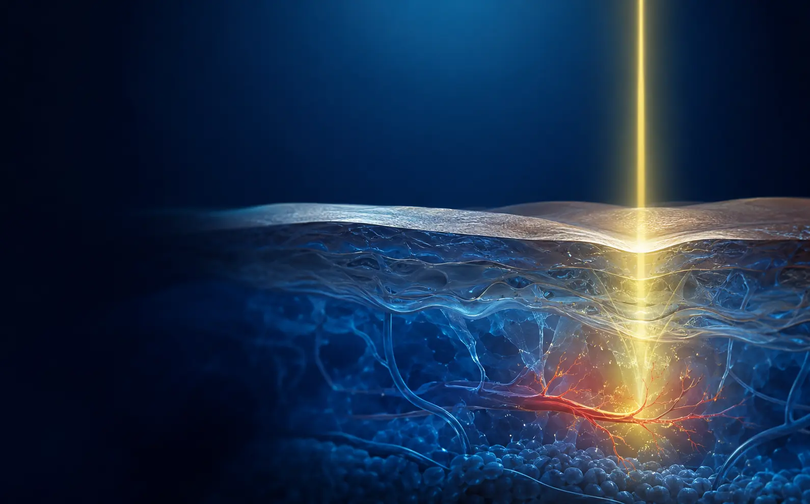 Scientific visualization of a 577 nanometre yellow laser beam penetrating skin and meeting a vessel